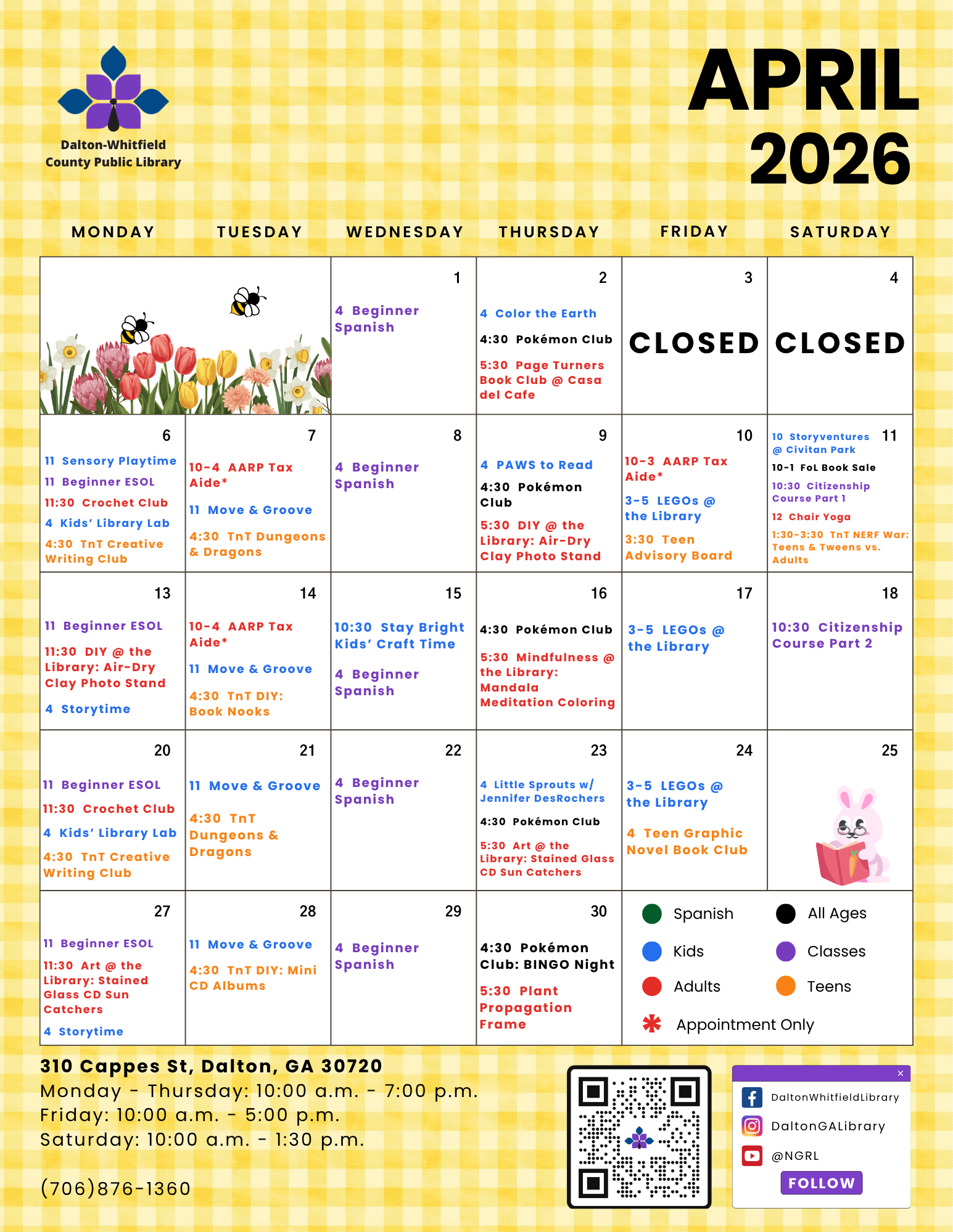 Here’s the April Calendar of Events from the Dalton-Whitfield County Public Library! Check out all the exciting programs and activities happening this month for readers of all ages.
