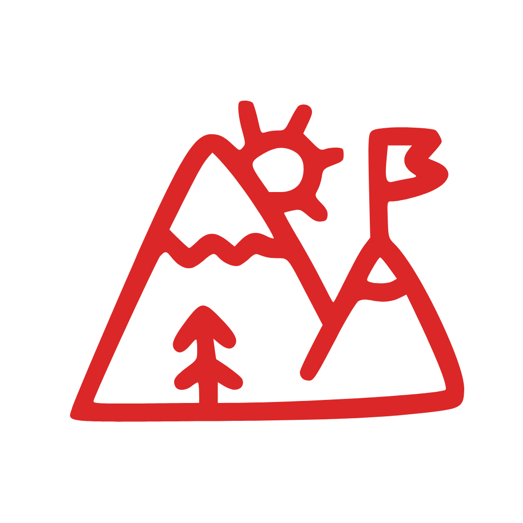 A drawing in red of mountains and a flag