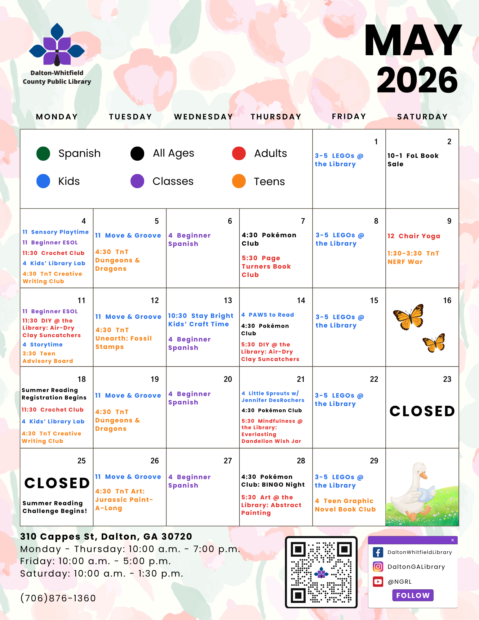 Here’s the May Calendar of Events from the Dalton-Whitfield County Public Library! Check out all the exciting programs and activities happening this month for readers of all ages.