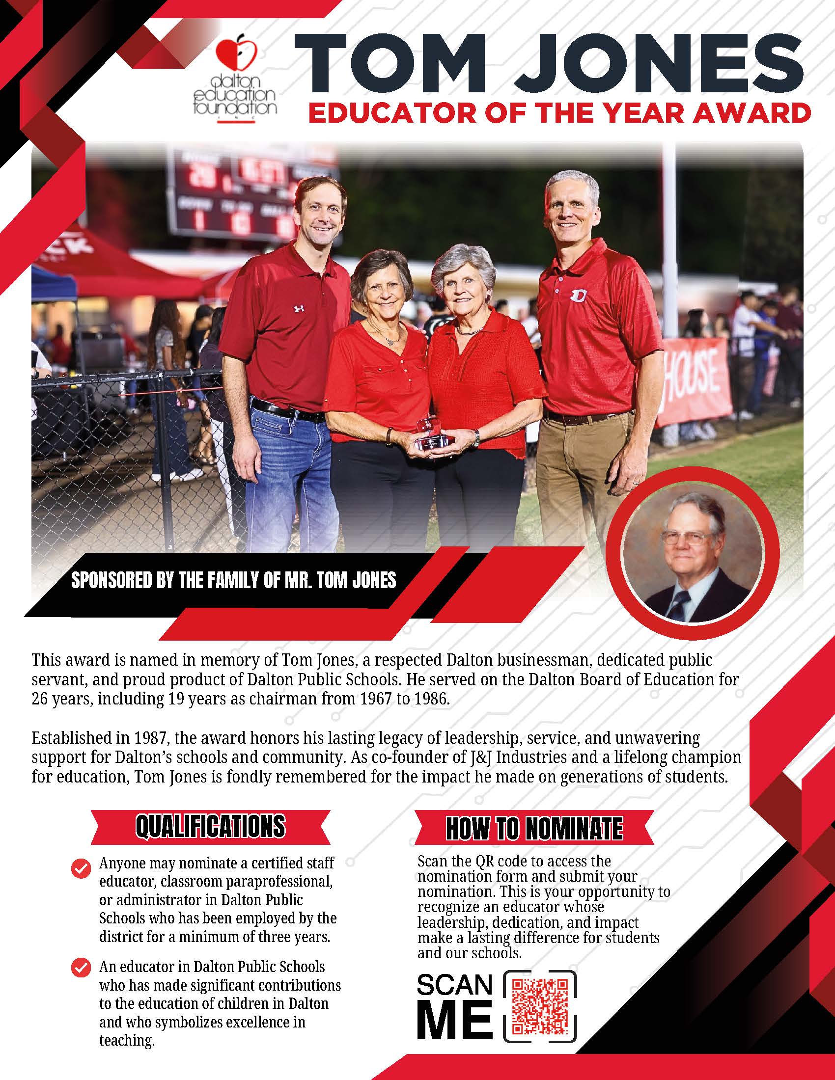 The Dalton Education Foundation is pleased to announce that applications are now open for the 2026 Tom Jones Educator of the Year Award. This prestigious award honors an exceptional Dalton Public Schools educator who demonstrates outstanding dedication, leadership, and service to students and the community.