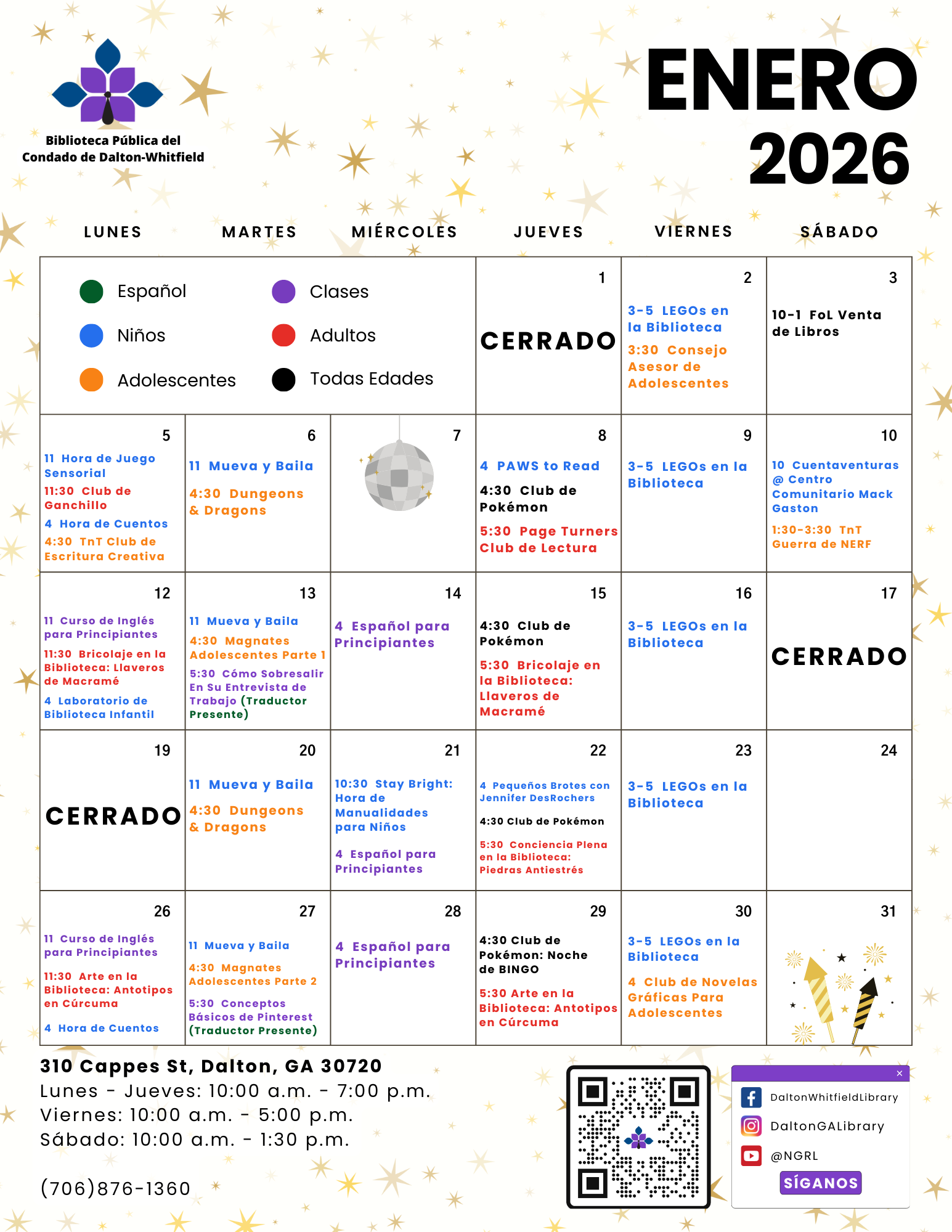 ¡Aquí está el calendario de eventos de enero de la Biblioteca Pública del Condado de Dalton-Whitfield! Echa un vistazo a todos los emocionantes programas y actividades que se llevarán a cabo este mes para lectores de todas las edades.
