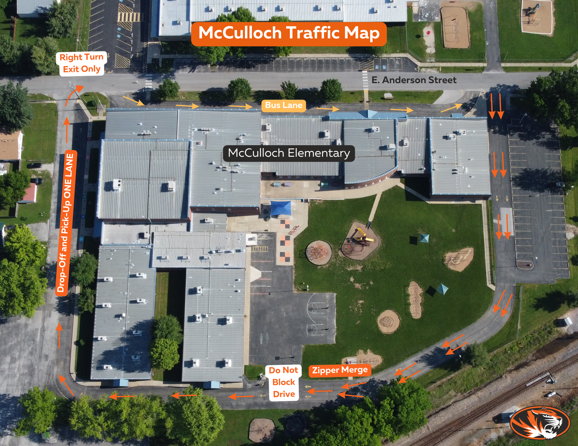 McCulloch Elementary Traffic Map: Families dropping off students will turn into the parking lot at the east end of McCulloch Elementary off E. Anderson Street. Vehicles will double stack till they reach the drive behind the building, then zipper merge into one lane. The car line will remain one lane through drop-offs and pick-ups at the west end of the building. Vehicles can then exit the line to the right onto E. Anderson Street