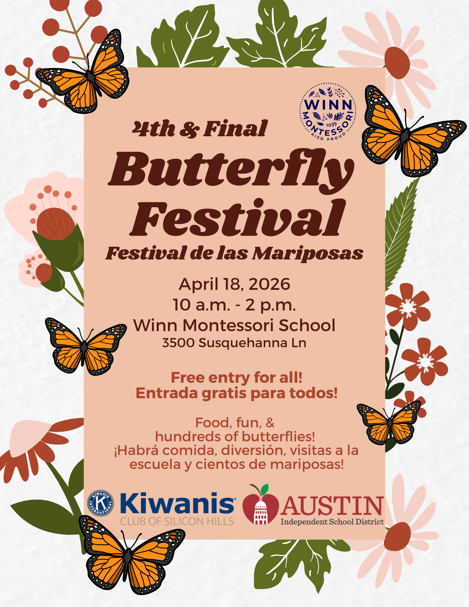 Flyer for Butterfly Festival Sat. April 18 10-2 Free food & Fun
