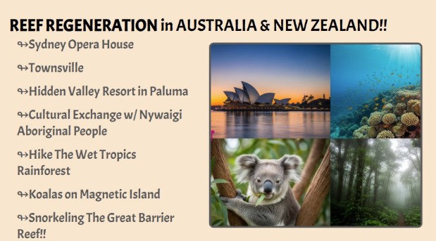 Highlights to Reef Regeneration & Conservation Tour in Australia and New Zealand with pictures of the Sydney Opera House, the Great Barrier Reef, a Koala, and the rainforest.