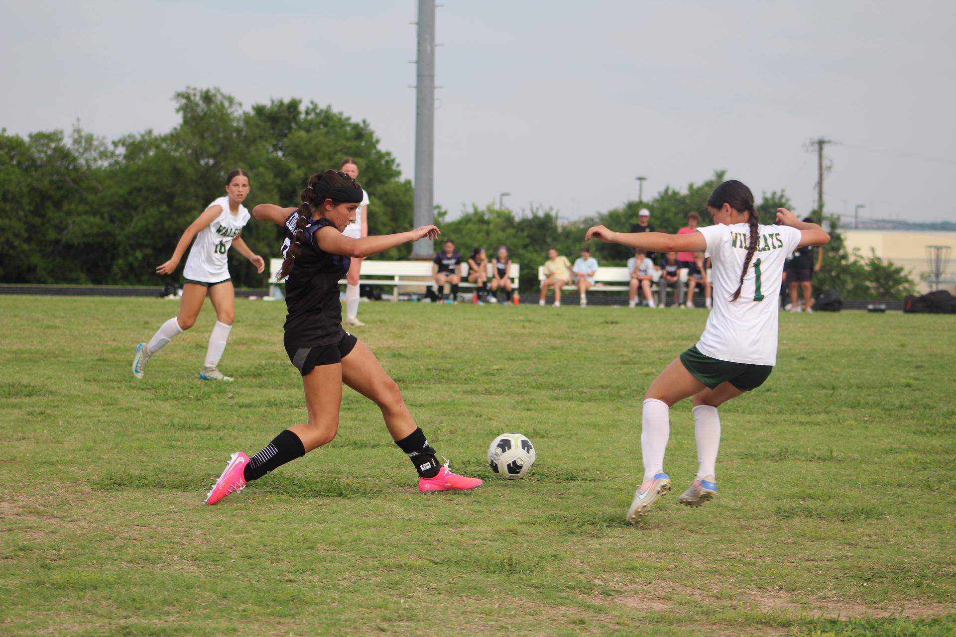 An action shot from a middle school girls' soccer game between the Cedar Valley Lady Jags and the Walsh Lady Wildcats.