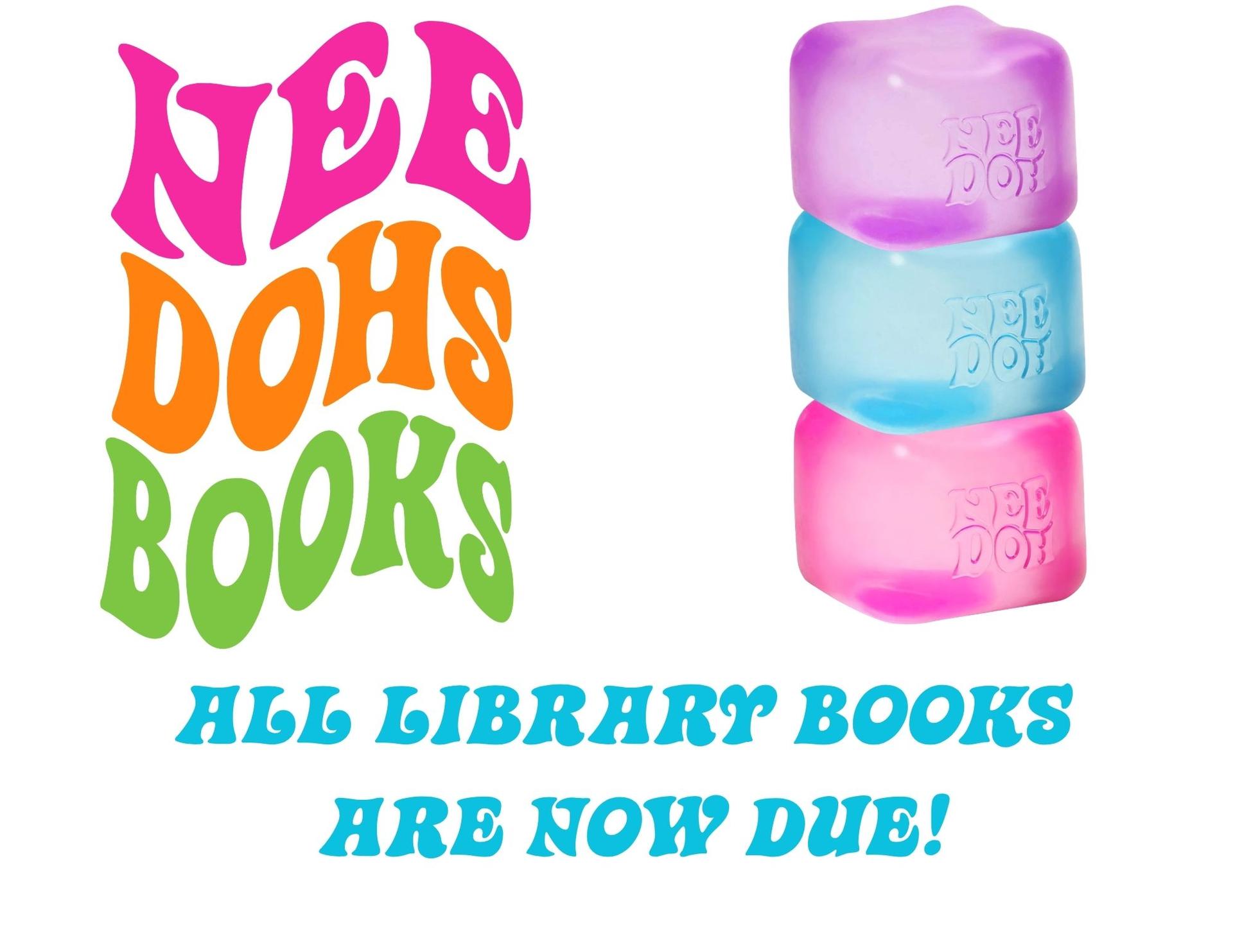 A colorful and playful digital flyer reminding students to return their library books.