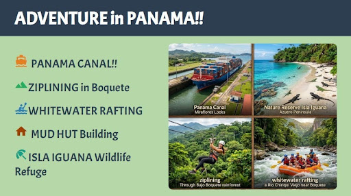 Highlights of Panama Adventure Tour with pictures of the Panama Canal, Iguana Island, ziplining, and whitewater rafting in Boquete.