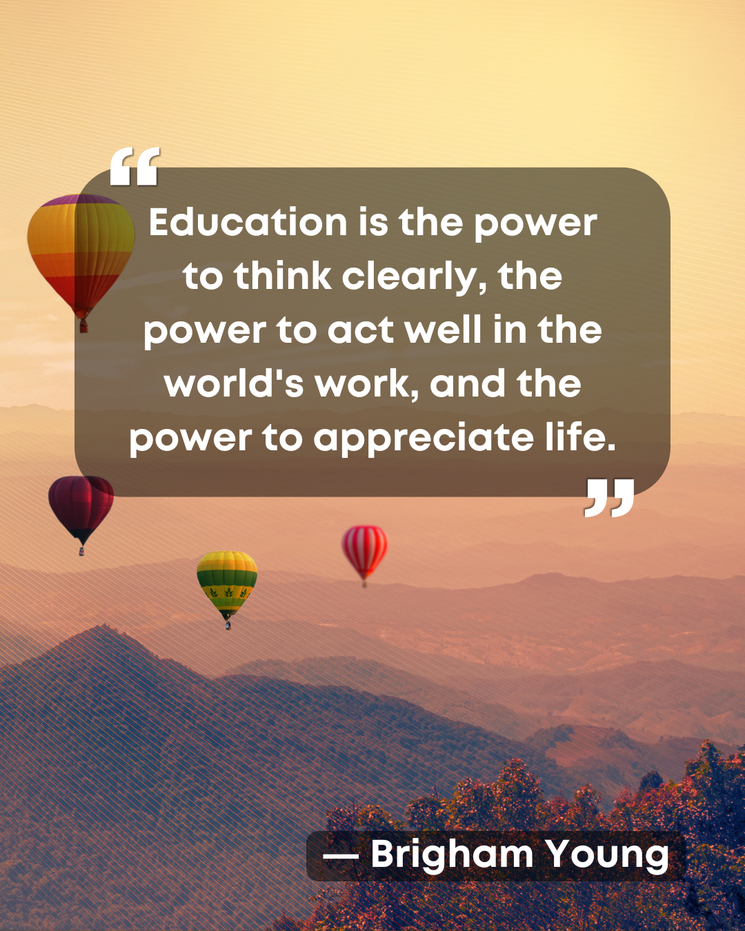 Quote displayed over image of hot air balloons floating above mountains with text 