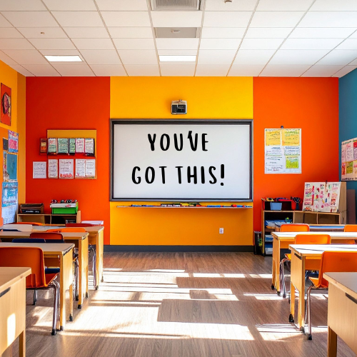 Colorful classroom with whiteboard with a message that reads You've Got This!
