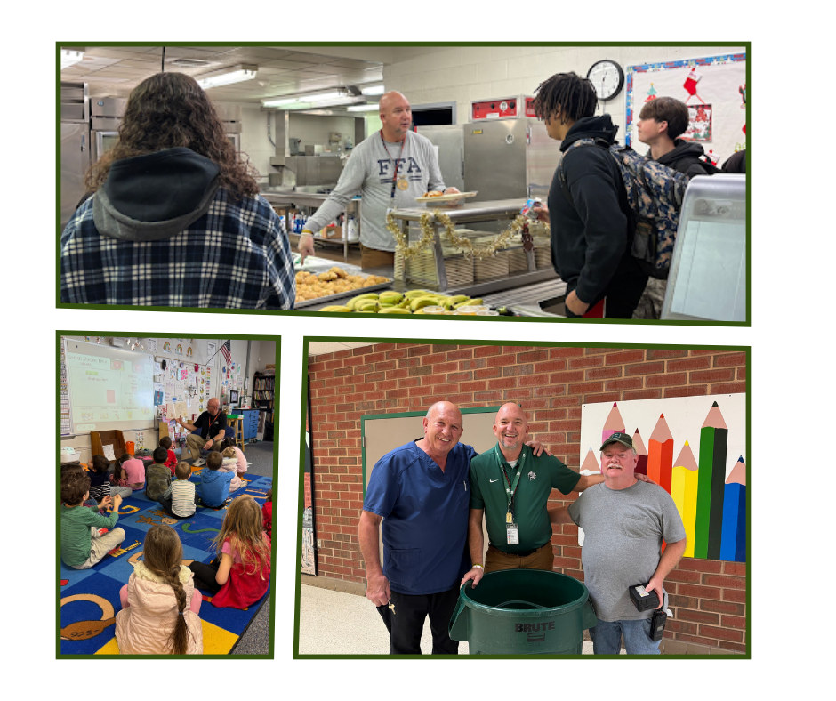 A three-photo collage showing school staff and students in action: a staff member serving food to students in a cafeteria line, a teacher reading to young children seated on a classroom rug, and three male staff members smiling together in a school hallway beside a large green trash bin and a colorful pencil mural.