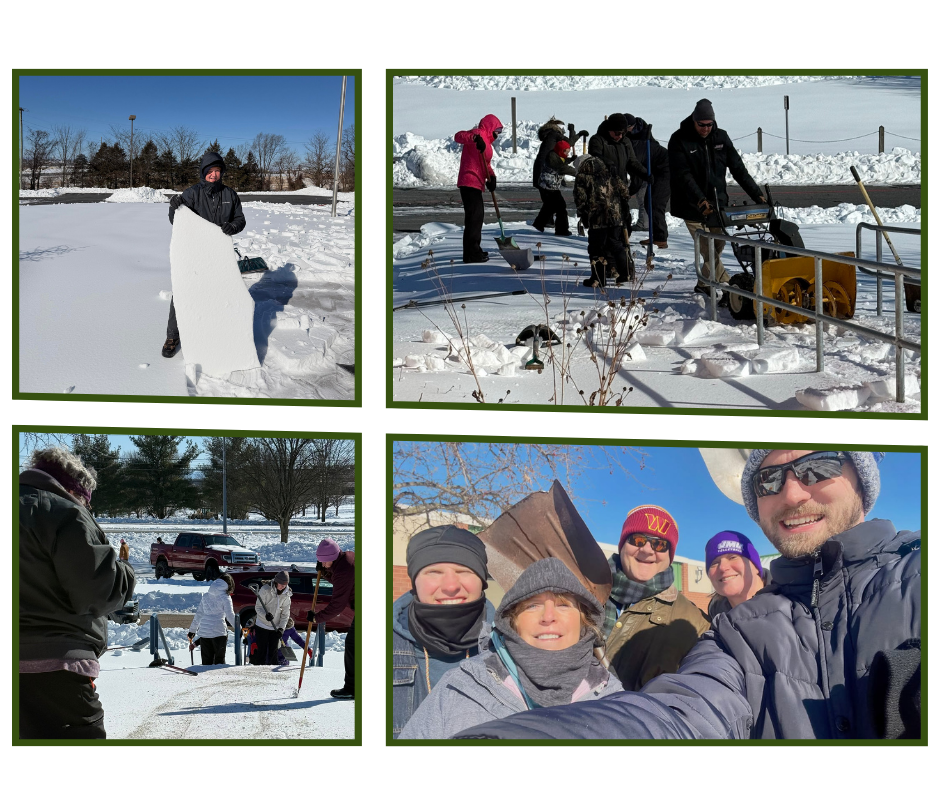 A four-photo collage of winter outdoor activities, including a person walking across a snowy landscape, a group preparing sled dogs on a frozen surface, someone ice fishing near a drilled hole, and a bundled-up group smiling for a selfie in the snow under a clear blue sky.