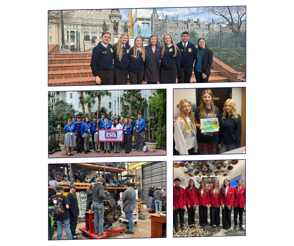 A collage of student leadership and career-focused activities, including a group of FFA students and an advisor standing on brick steps in front of historic buildings, TSA students posing with a banner in a garden atrium, three students holding a presentation display indoors, students working on an engine in an automotive lab, and a group of students in red jackets standing together at a formal event.