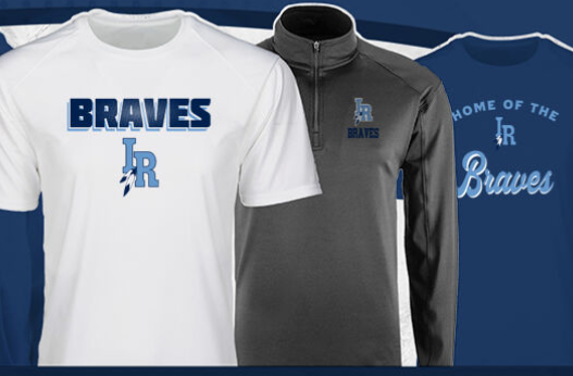 White Tshirt with text Braves and IR logo, gray 1/4 zip long sleeve with IR logo and Braves lettering, navy t-shirt with