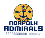 Text: Norfolk Admirals Professional Hockey, Logo: Circle yellow 5 stars an anchor and Christmas garland draped over it.