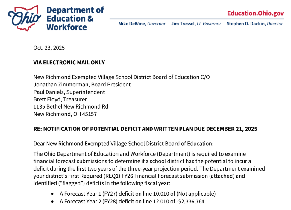 A screenshot of part of the letter sent to the district by ODEW