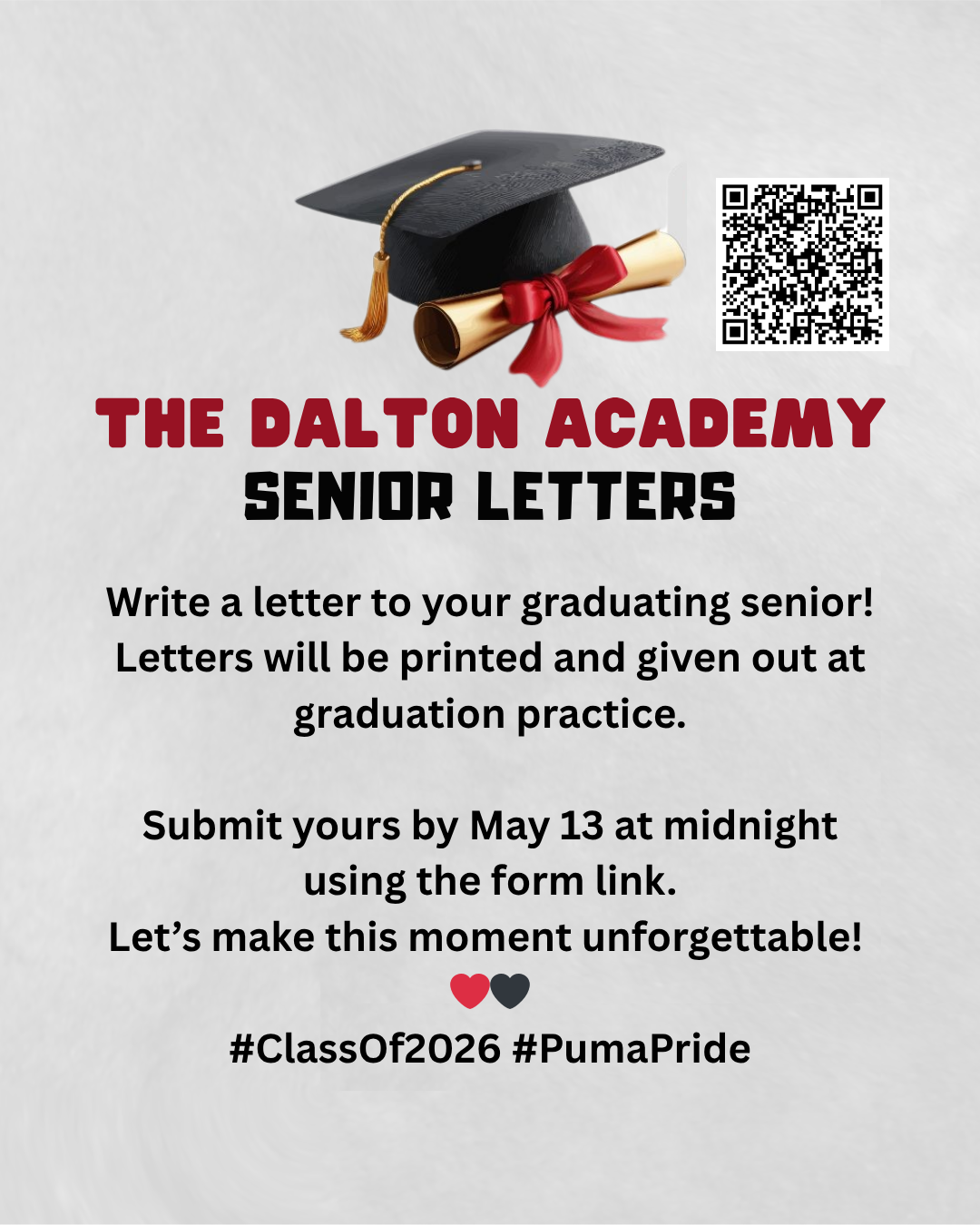 TDA Senior Letters.  Write a letter to your graduating senior. Letters will be printed and given out at graduation practice. Submit by May 13th