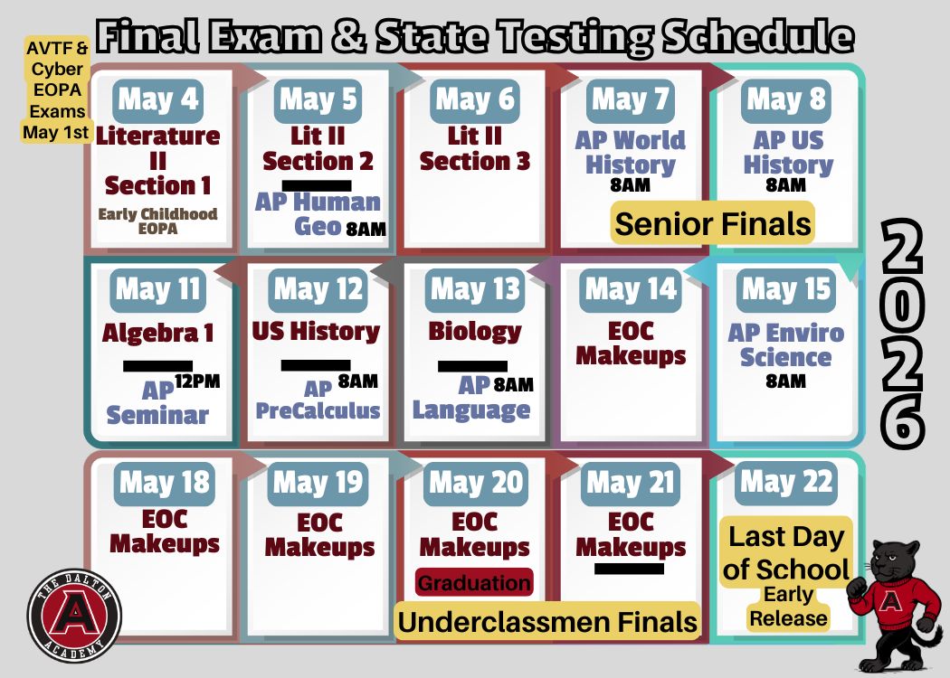graphic showing the final exams and state testing dates for May 2026