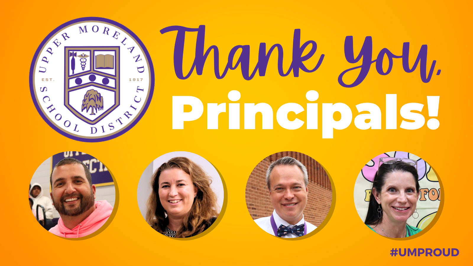 An appreciation graphic for principals with logo and headshots on an orange background.