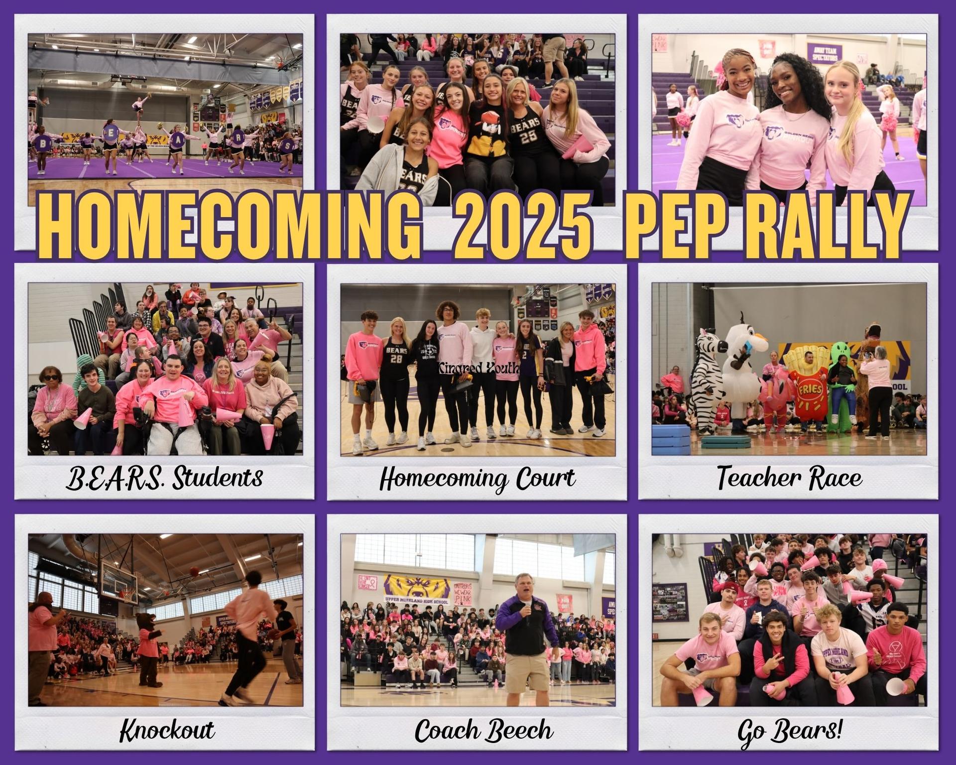 Collage of photos from a Homecoming 2025 Pep Rally, featuring cheerleaders, students, Homecoming Court, a teacher race, a basketball game, and a speaker named Coach Beech.