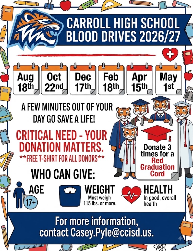 Poster with Carroll High School Blood Drives 2026/27 dates. Ages 17+ and must weigh 115 lbs. or more. Free t-shirt for all donors.