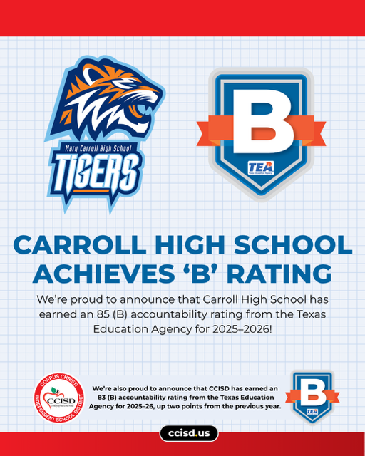 Graphic displays Carroll High School Tigers logo, 'B' rating, and Texas Education Agency logos. It states: 