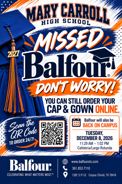 An advertisement with a blue graduation gown, cap, and tassel shows ordering options for cap and gown.