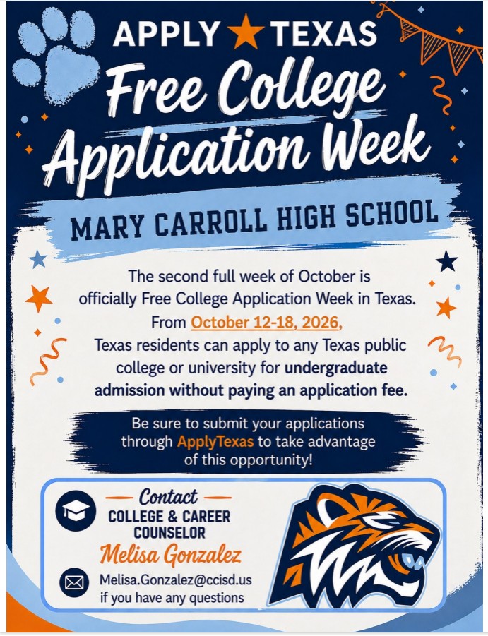 A poster for Free College Application Week with a paw print, star, and cat on a blue and white background. It highlights the week from October 12-18, 2026.