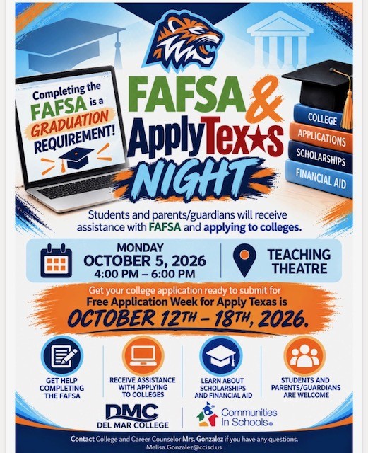 Poster for FAFSA ApplyTexs Night with information on FAFSA, college applications, scholarships, and financial aid.
