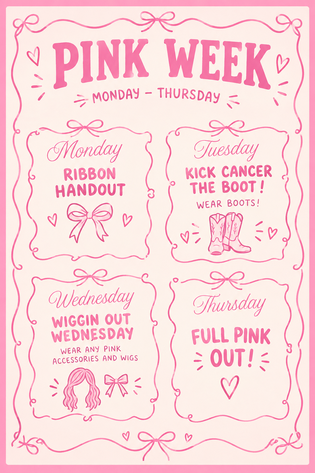 Pink Week flyer with events from Monday to Thursday. Each day has a different event theme and pink heart icons.