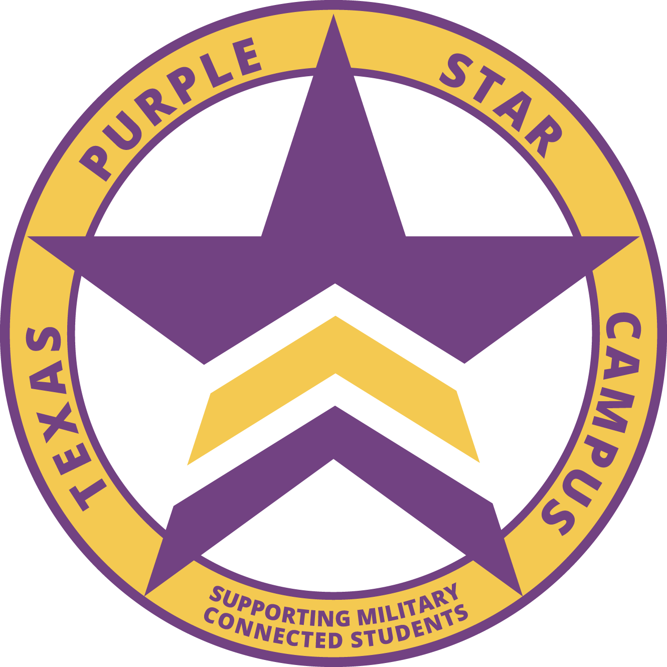Circular logo with purple star, yellow triangle, and white circle. Words 
