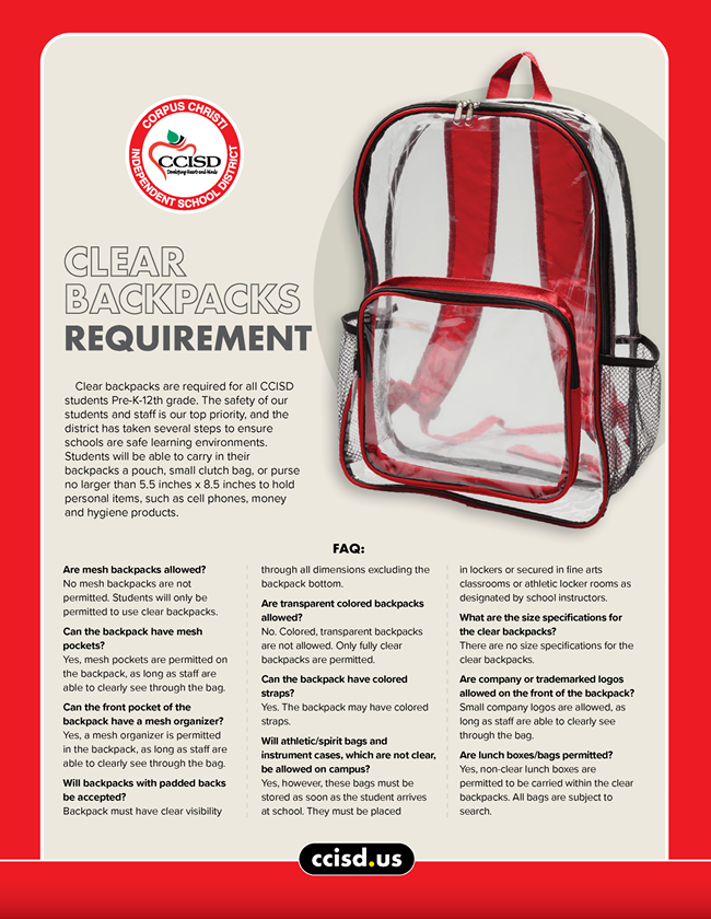 Text and image of a clear backpack. Text reads 