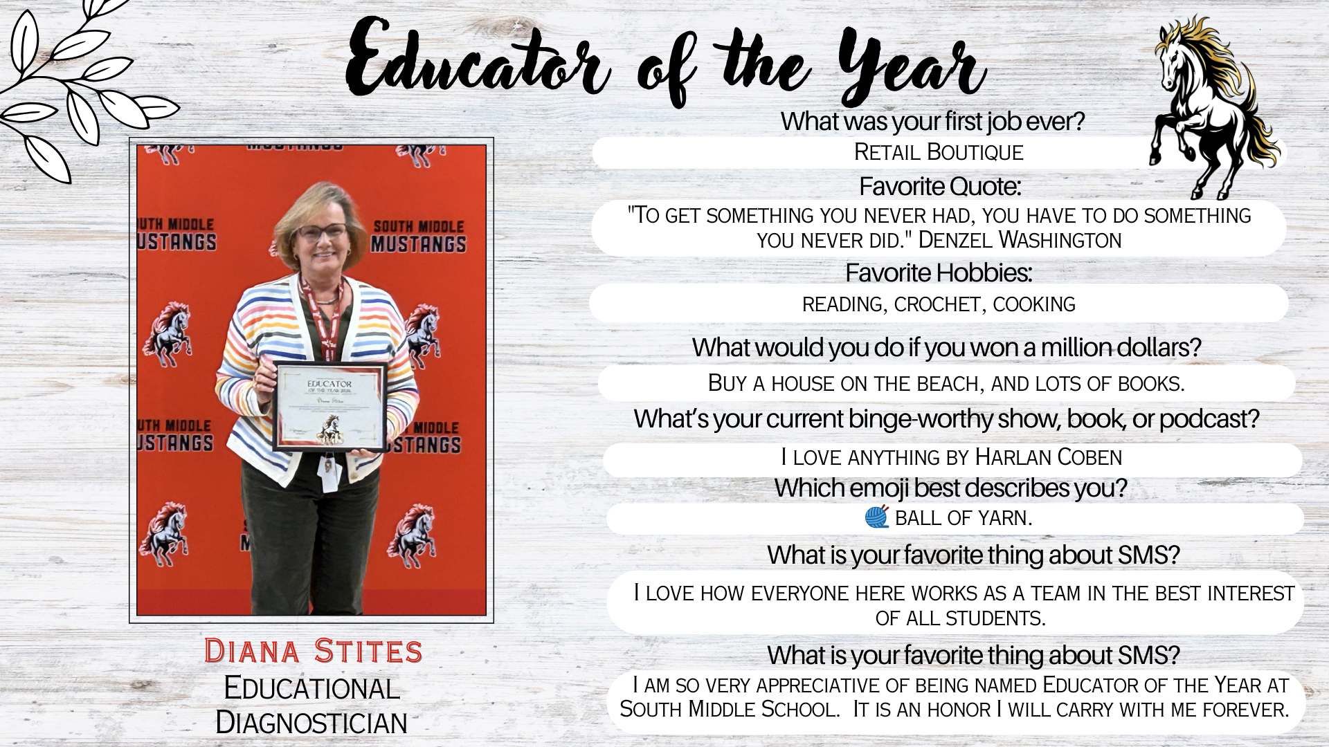 Educator of the year: First & Last Name * Diana Stites Your position * Educational Diagnostician What was your first job ever? Retail Boutique Favorite Quote 