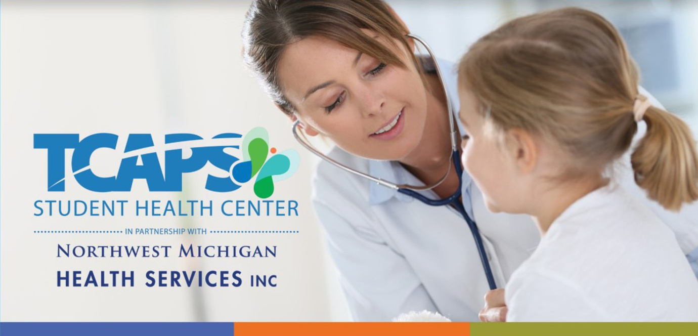 A promotional image for the TCAPS Student Health Center, in partnership with Northwest Michigan Health Services Inc. The graphic features a healthcare professional in a white coat using a stethoscope to examine a young girl with blonde pigtails. The TCAPS health logo is prominently displayed on the left.