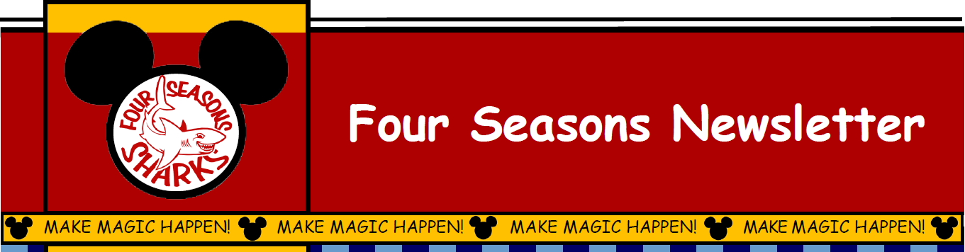Four Seasons Sharks logo with Mickey Mouse ears. Four Seasons Newsletter - Regina Passwaters, Principal - Make Magic  Happen with Mickey Mouse shape