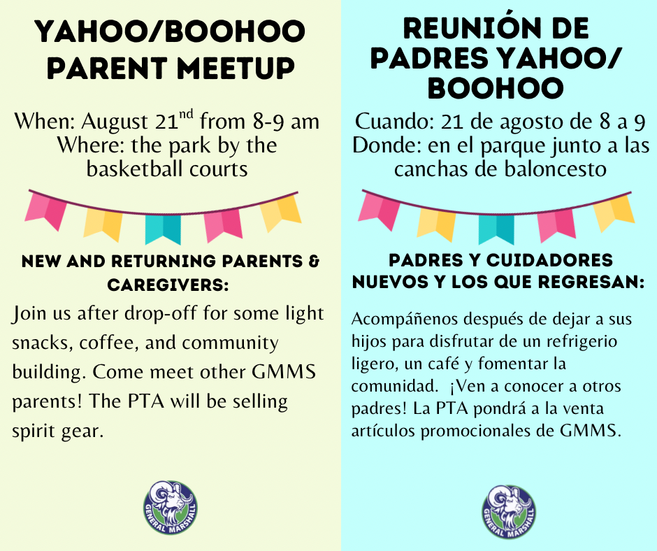 August 22nd from 750-900 New and Returning Parents Caregivers Join us after drop-off for some light snacks, coffee, and community building. This is an opportunity to meet other parents, purchase spirit gear, and learn about the PTA goals fo