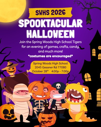 Halloween flyer with cartoon characters in costumes, pumpkins, and a haunted house. Text reads 
