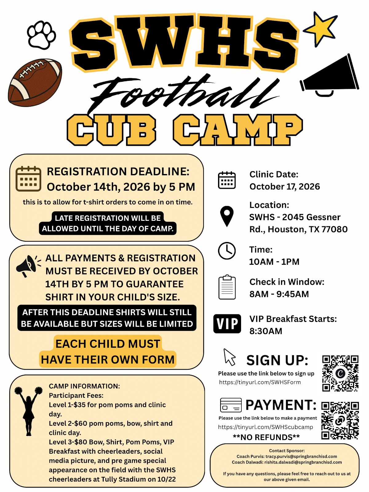 An advertisement for the SWHS Football Cub Camp, featuring a football, megaphone, and star. It includes registration, clinic date, location, and time.