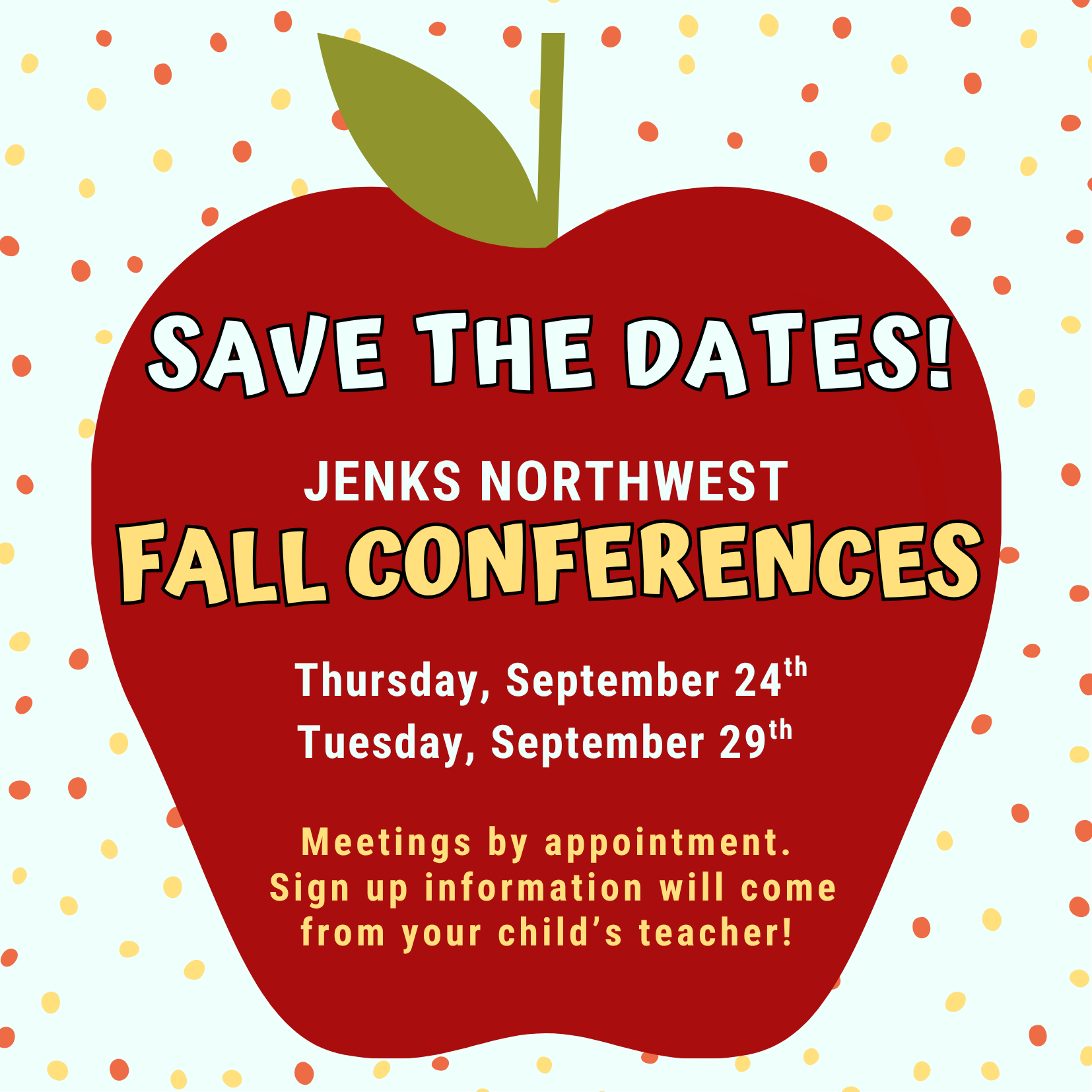 Graphic of a large red apple on a light blue background dotted with red, orange, and yellow spots. Text inside the apple reads: 