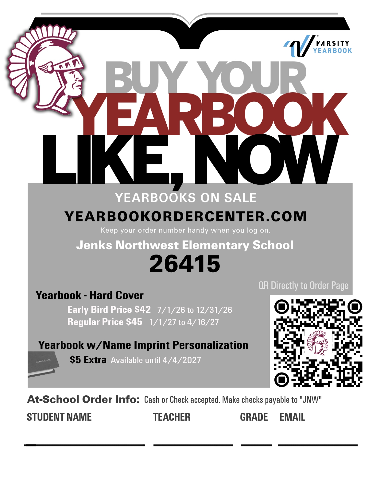 Header: A sales flyer with a Trojan mascot logo and Varsity Yearbook logo featuring large bold text: 