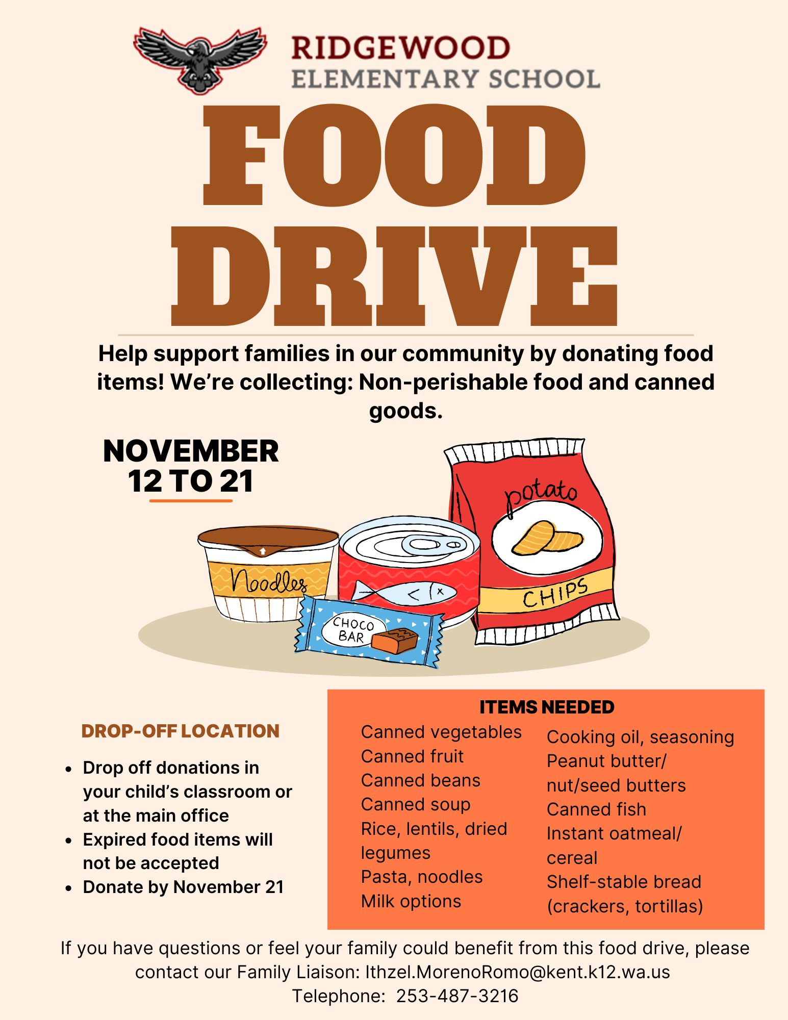 Food Drive November 12-21. Collecting non-perishable food and canned goods.