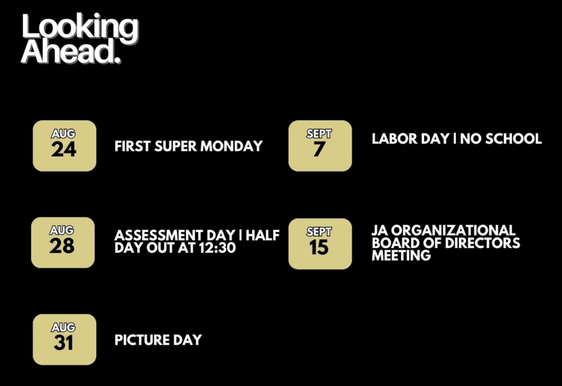 Image of looking ahead calendar. PDF of dates below image
