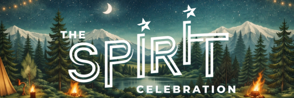 Graphic for The Spirit Celebration featuring a mountain lake at night with campfires, pine trees, and a crescent moon.
