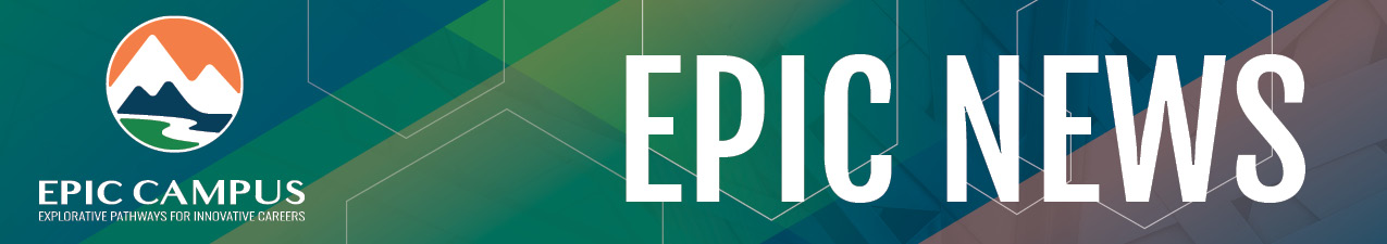 Banner with the words “EPIC NEWS” in large white capital letters on a colorful geometric background featuring shades of blue, green, and purple. White outlined hexagons and a vertical dotted pattern appear on the right side.
