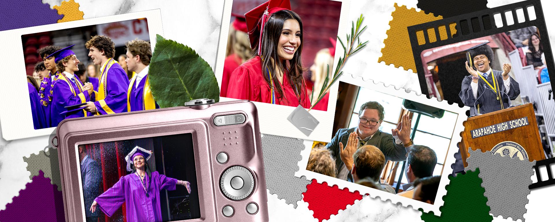 Collage of Littleton Public Schools graduation photos, high fives, and a digital camera showing a student in a cap and gown.
