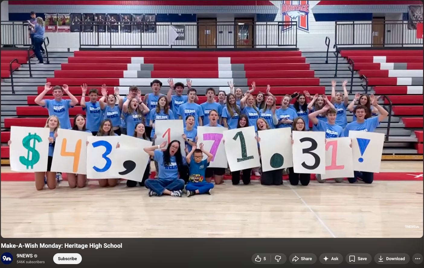 Heritage High School students cheer while holding signs revealing they raised over $43,000 for Make-A-Wish.