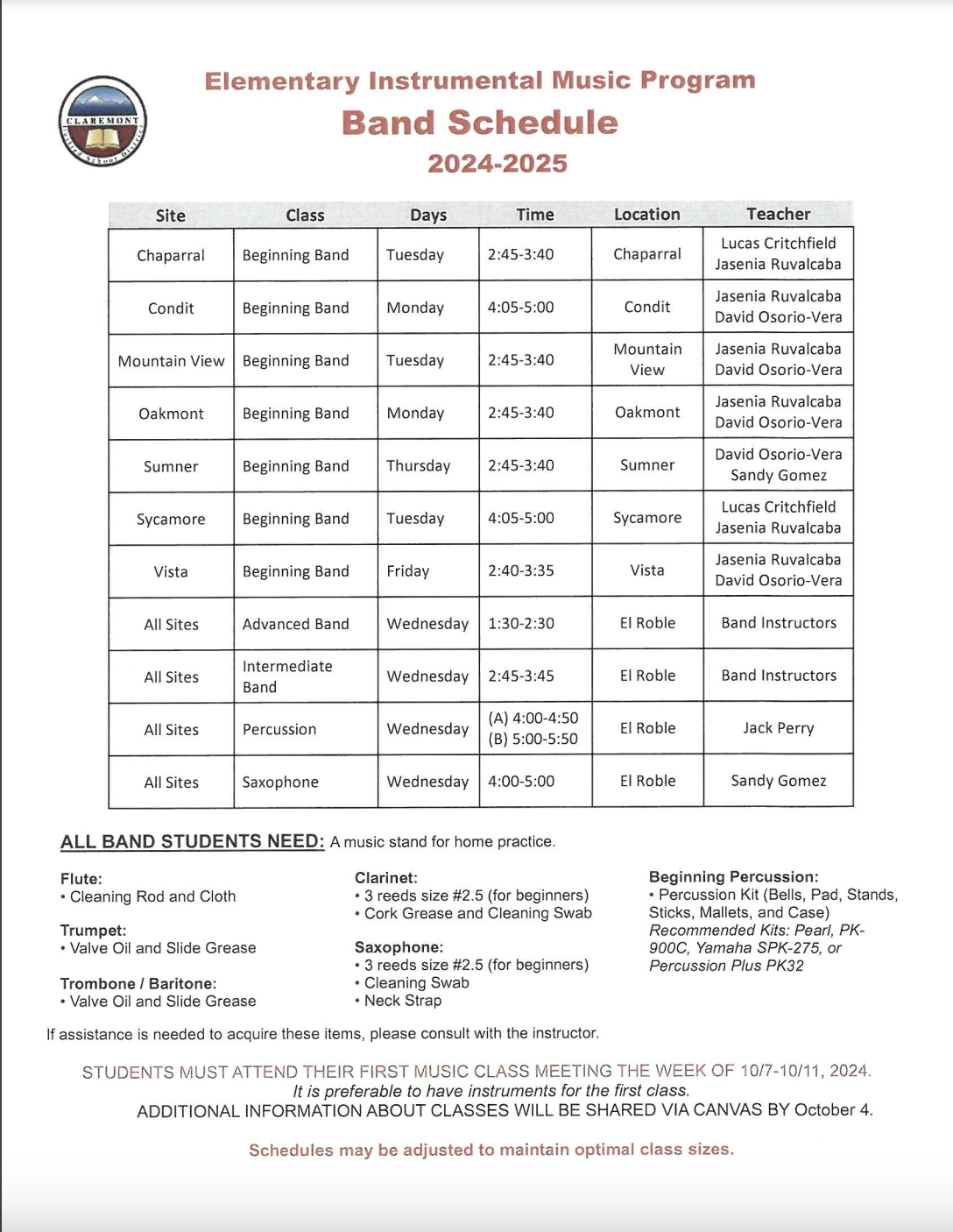 24-25 EIMP Band Schedule