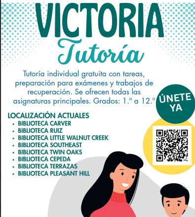 Victory Tutoring - apoyo gratuito personalizado para los estudiantes.  Victory Tutoring ofrece ayuda personalizada gratuita para estudiantes en los cursos 1-12. Ya sea cuando su niño necesite apoyo con su tarea, la preparación de pruebas o con tareas atrasadas, los tutores están disponibles en todas las materias básicas en bibliotecas vecindarias por todo Austin. Esto puede ser un gran recurso para estudiantes que reciben servicios educativos y se benefician de tiempo o instrucción personalizada.    Regístrate aquí Contacto: Ángel Toscano –  angel.toscano@austinisd.org