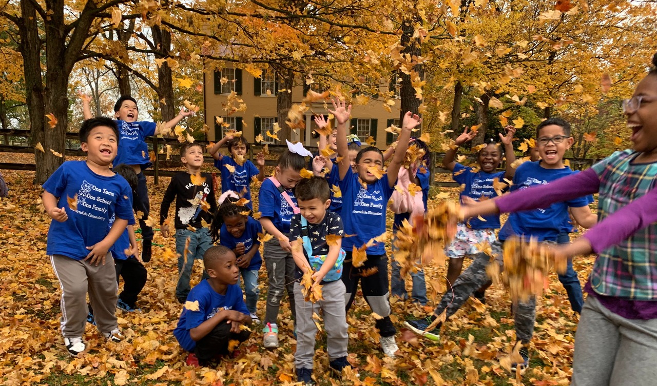 Students throwing leaves in the fall.