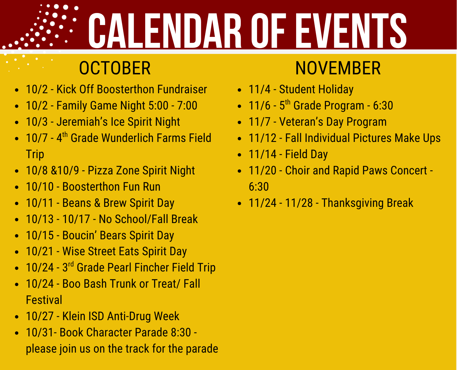 calendar of events