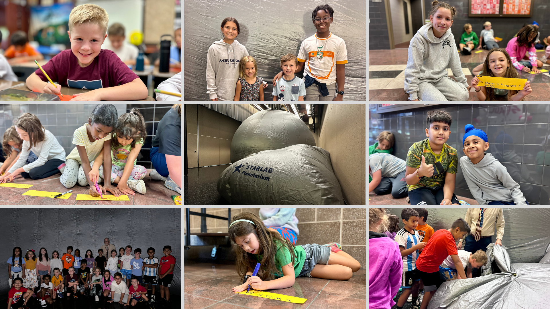 Collage of Shaull Elementary students engaging with a STARLAB planetarium at school through writing, group activities, and displays.
